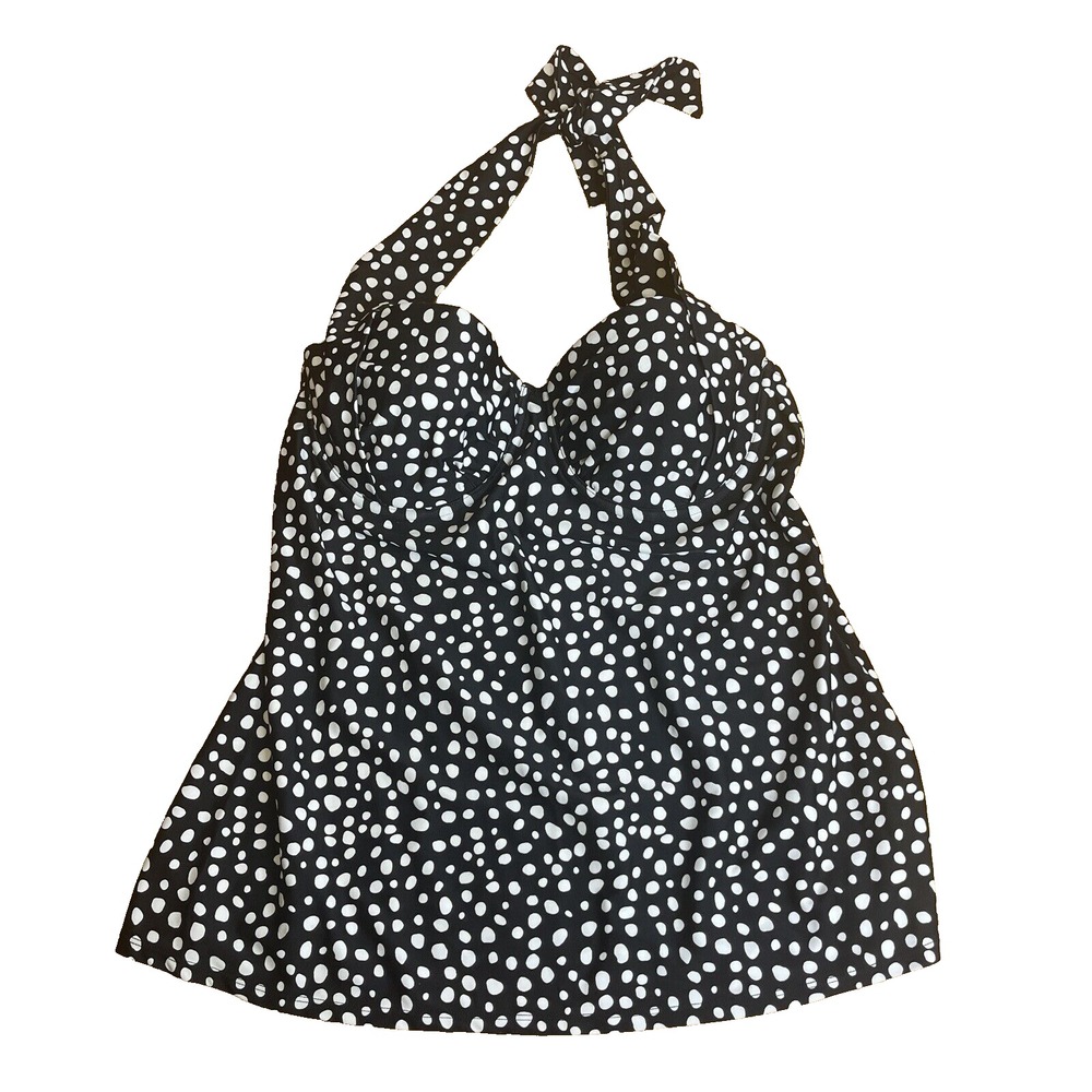 Smart &‎ Sexy Swim Sz 36D Tankini Top Halter Underwire Black White Polka Dots